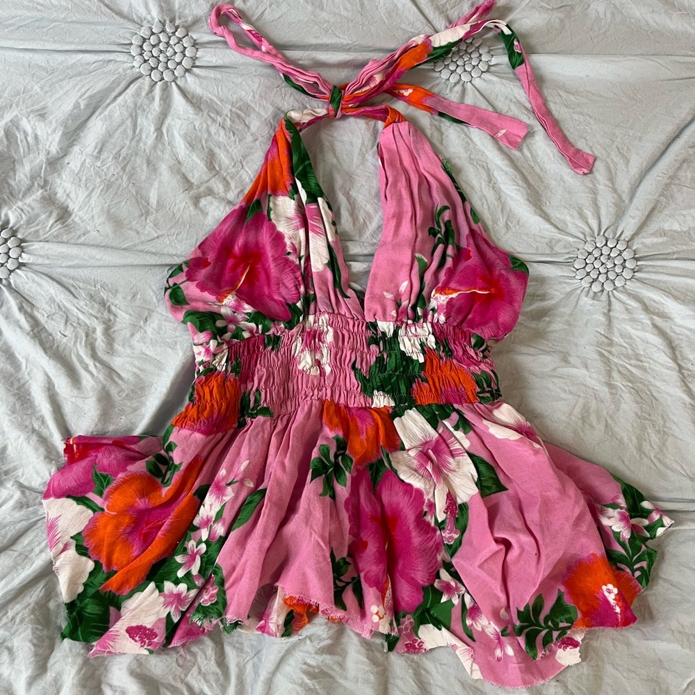 Y2K Pink floral babydoll halter top with under bust ruching